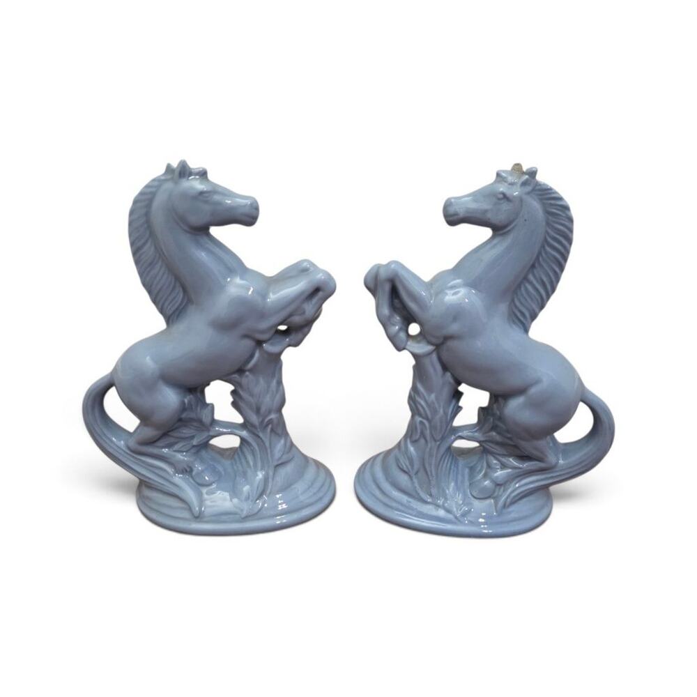 Vintage Pair Blue Ceramic Rearing Horse Figurines Mirror Facing Statues Decor